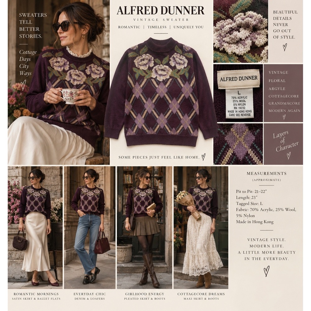 Vintage Alfred Dunner Wool Blend Sweater L Purple Rose Floral Argyle Cottagecore